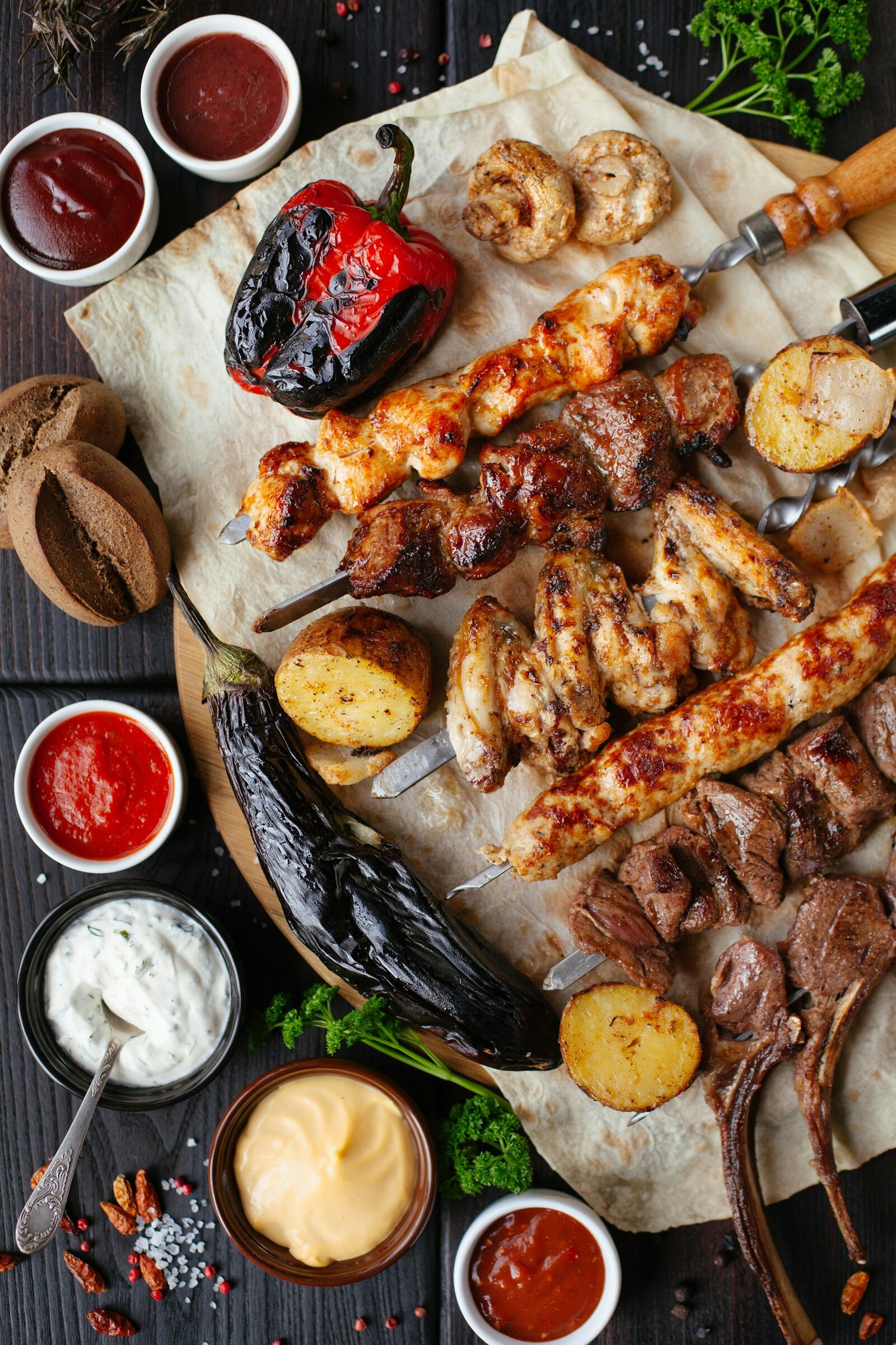 Deska z grillowanym mięsem i dodatkami
